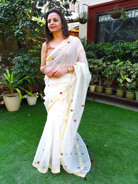 Off-White Kota Cotton Hand Embroidered Saree