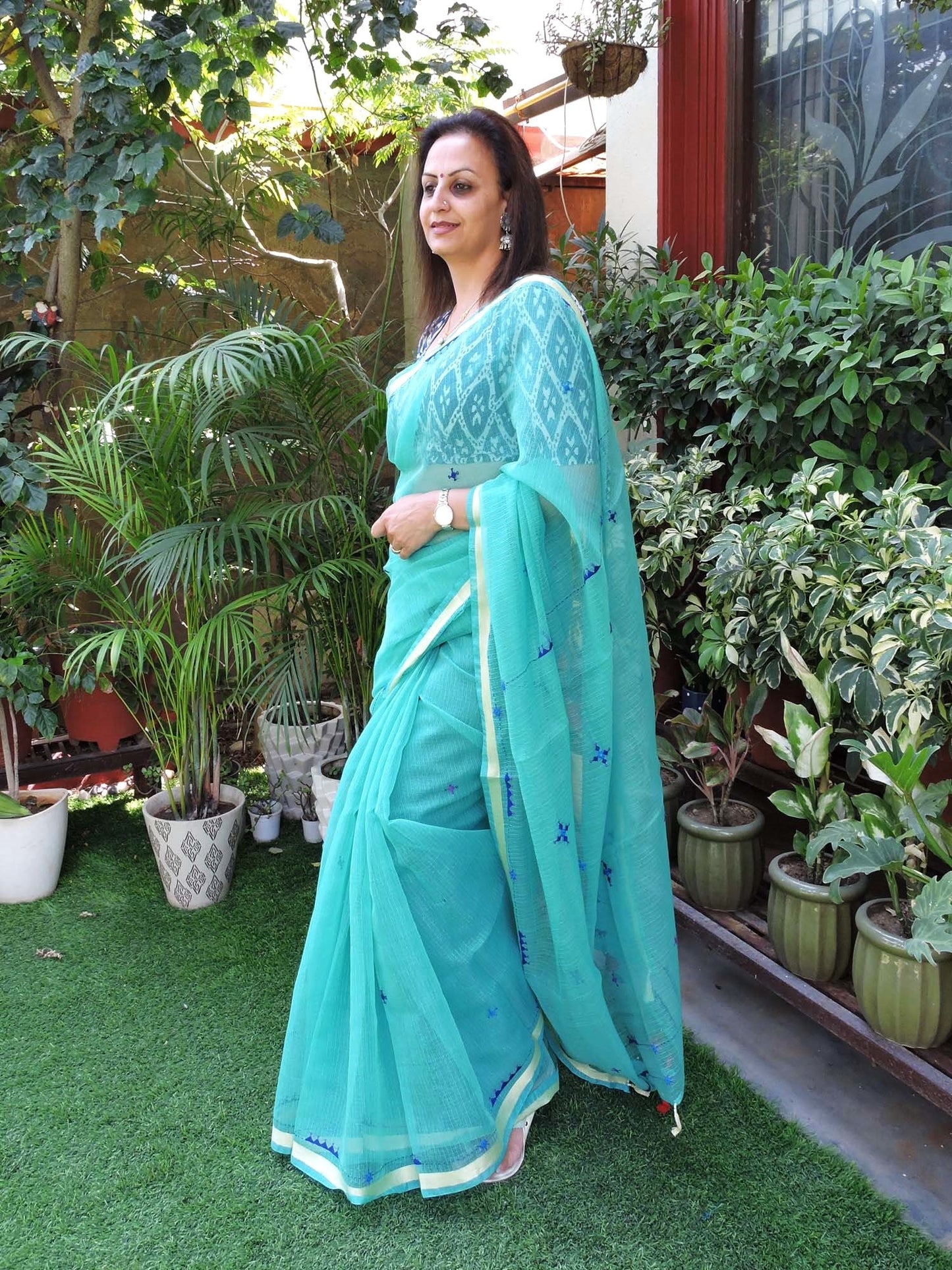 Aqua Kota Cotton Hand Embroidered Saree