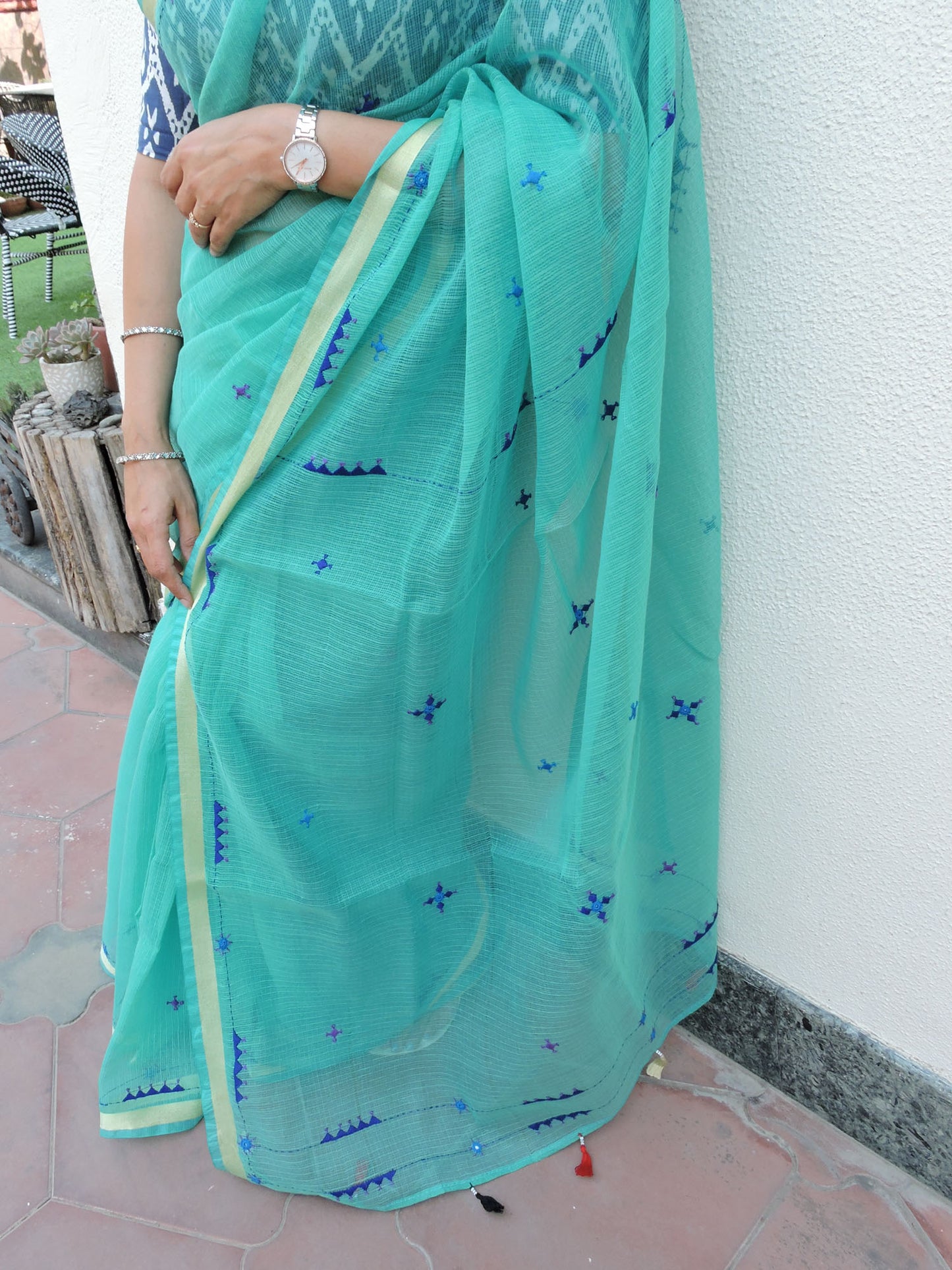 Aqua Kota Cotton Hand Embroidered Saree