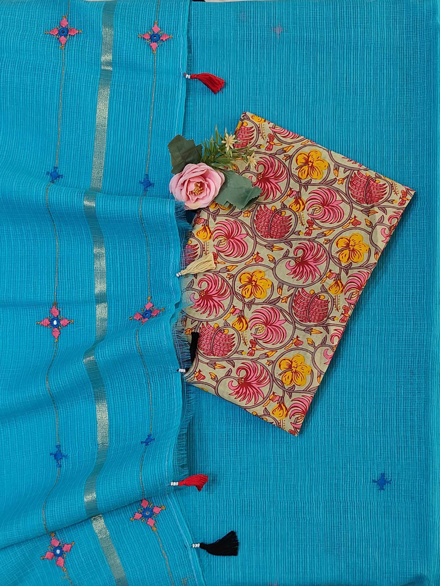 Blue Kota Cotton Hand Embroidered Saree