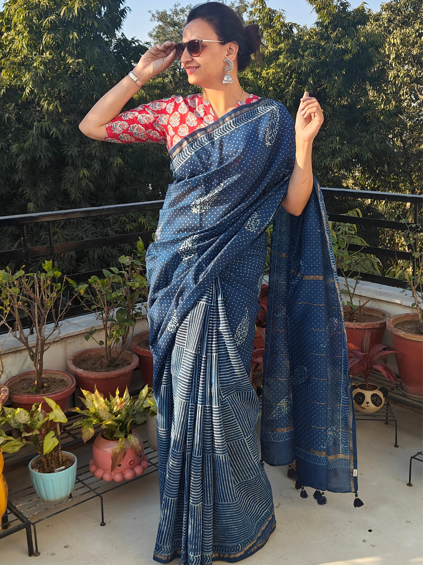 Indigo Dabu Handblock Print Chanderi Saree