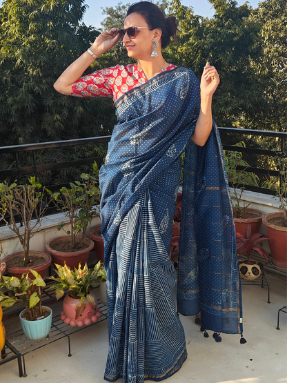 Indigo Dabu Handblock Print Chanderi Saree