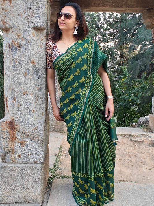 Green Dabu Handblock Print Chanderi Saree