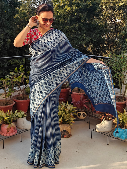 Indigo Dabu Handblock Print Chanderi Saree