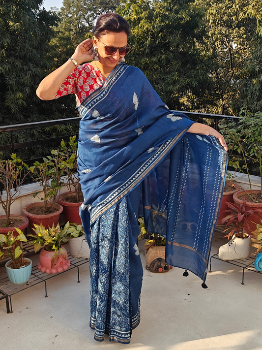 Indigo Dabu Handblock Print Chanderi Saree