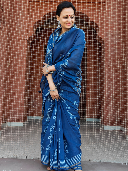 Indigo Dabu Handblock Print Chanderi Saree