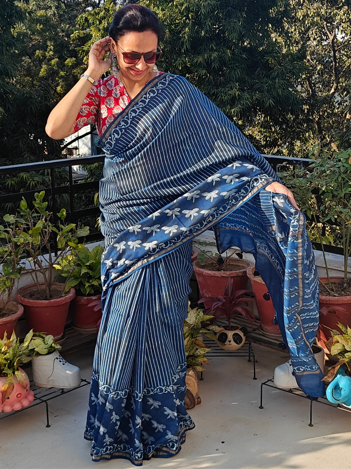 Indigo Dabu Handblock Print Chanderi Saree