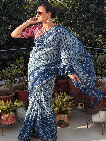 Indigo Dabu Handblock Print Chanderi Saree