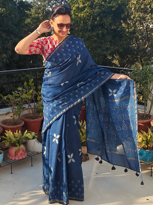 Indigo Dabu Handblock Print Chanderi Saree