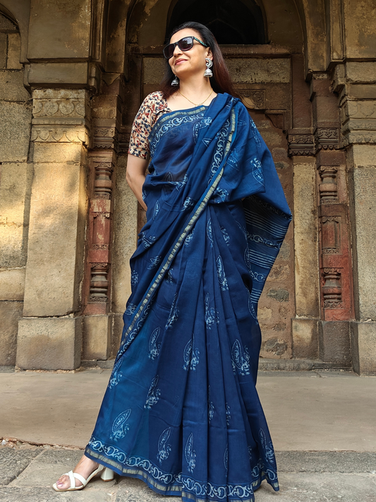 Indigo Dabu Handblock Print Chanderi Saree