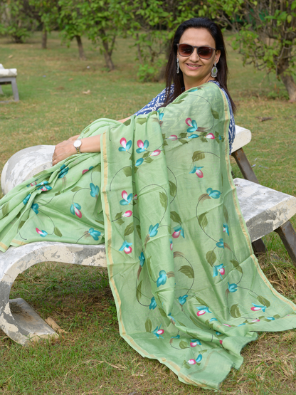 Olive Green Handpainted Saree