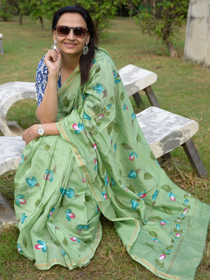 Olive Green Handpainted Saree