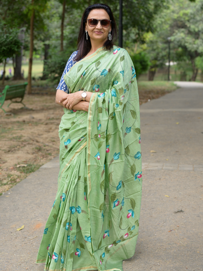 Olive Green Handpainted Saree