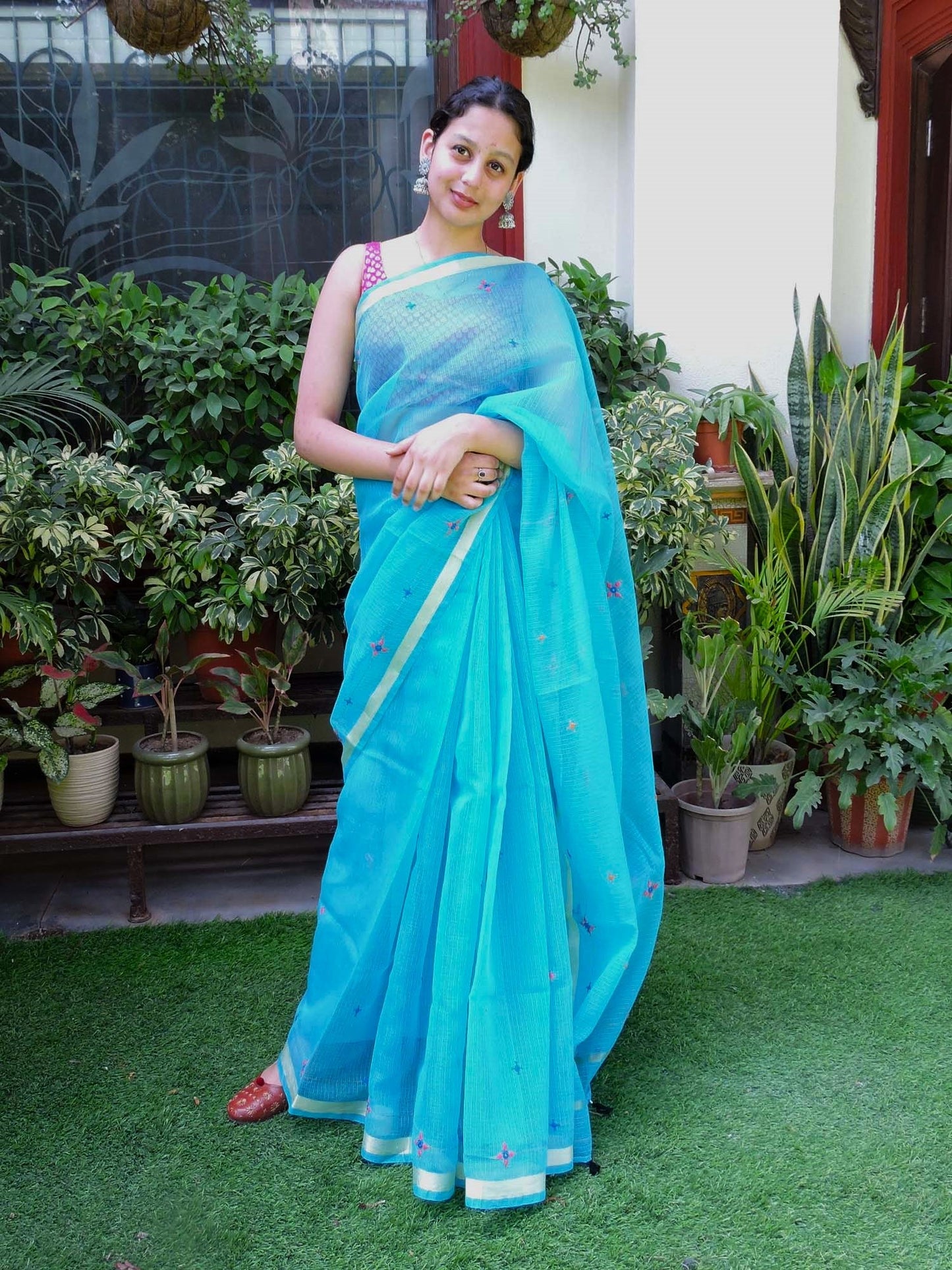 Blue Kota Cotton Hand Embroidered Saree