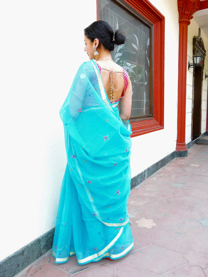 Blue Kota Cotton Hand Embroidered Saree