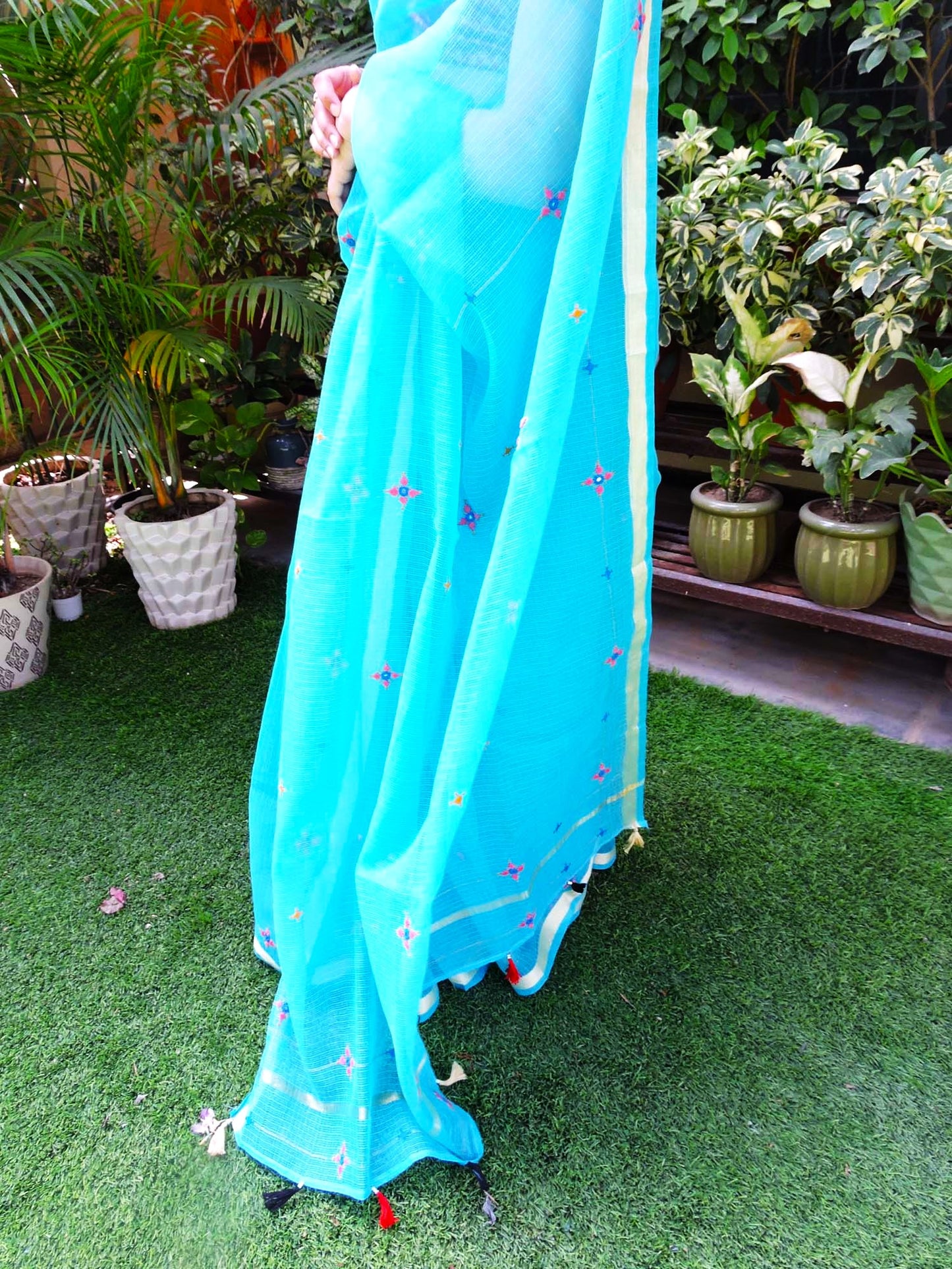 Blue Kota Cotton Hand Embroidered Saree