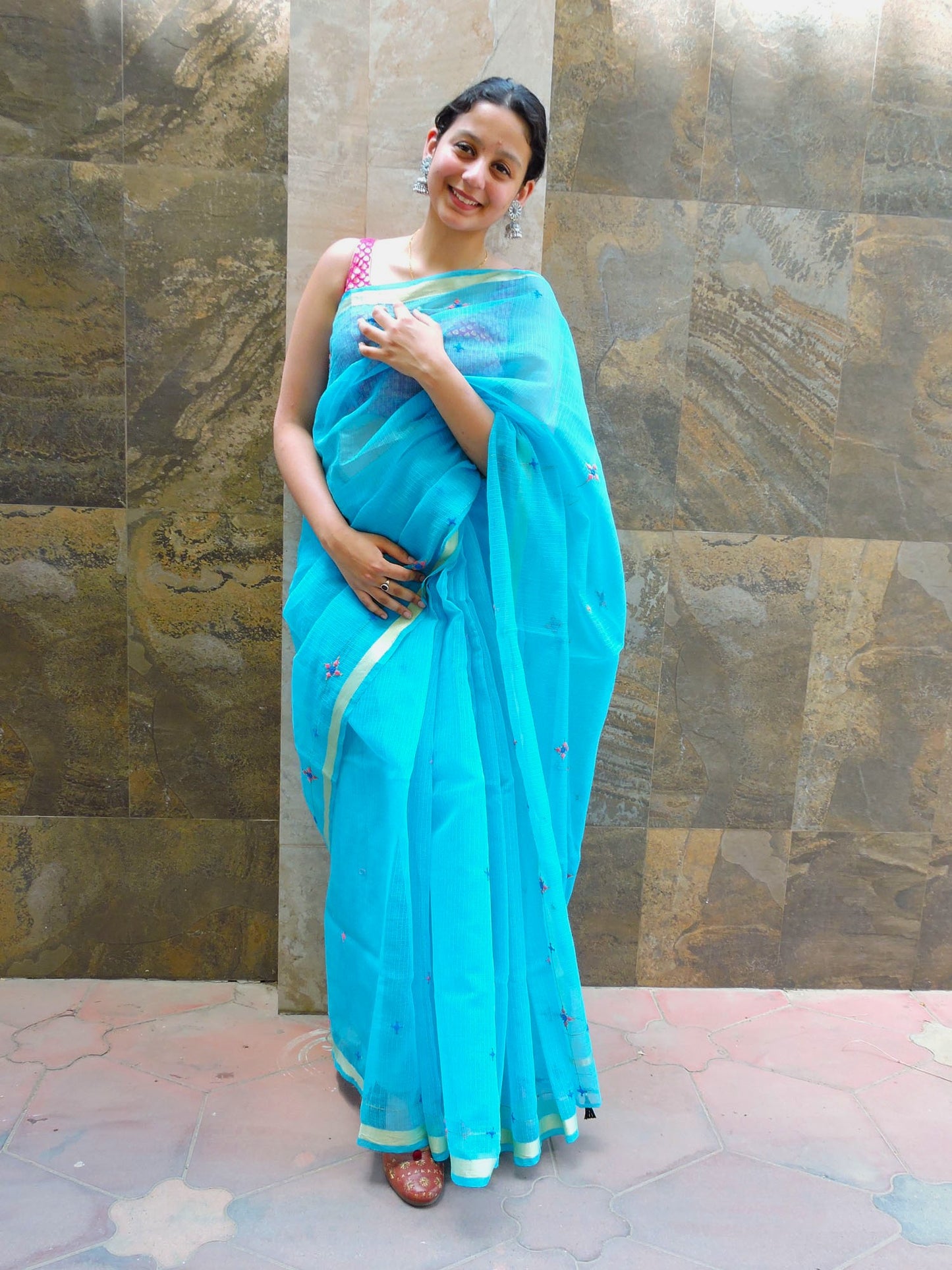 Blue Kota Cotton Hand Embroidered Saree