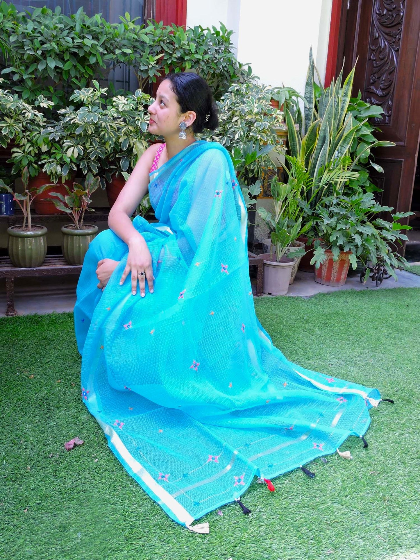 Blue Kota Cotton Hand Embroidered Saree