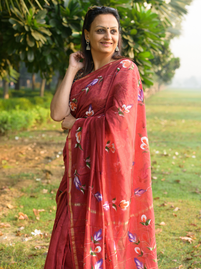 Red Handpainted Saree