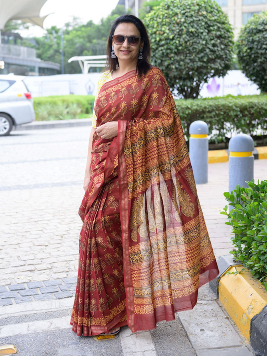 Rust & Yellow Maheshwari Saree