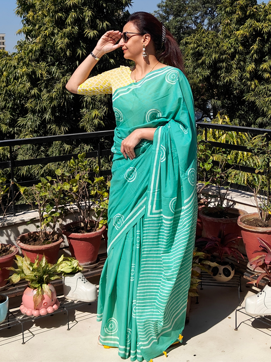 Sea Green Handblock Printed Mull Cotton Saree