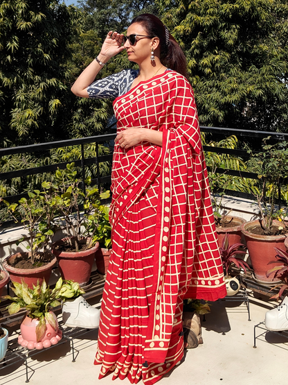 Red Handblock Printed Mull Cotton Saree