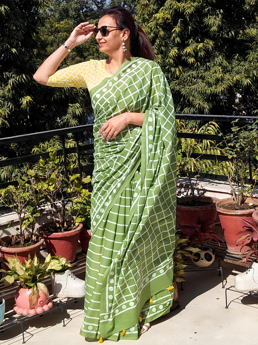 Green Handblock Printed Mull Cotton Saree