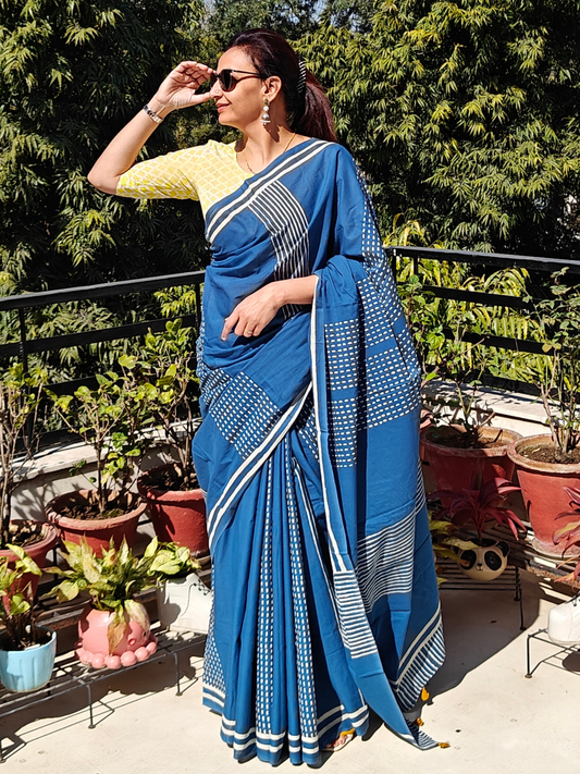 Blue Handblock Printed Mull Cotton Saree