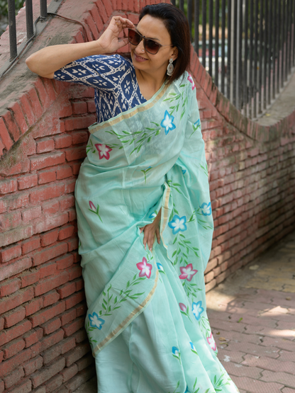 Sea Green Handpainted Saree