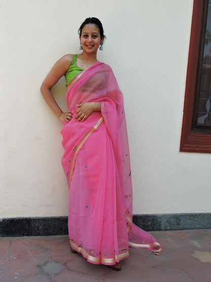 Pink Kota Cotton Hand Embroidered Saree