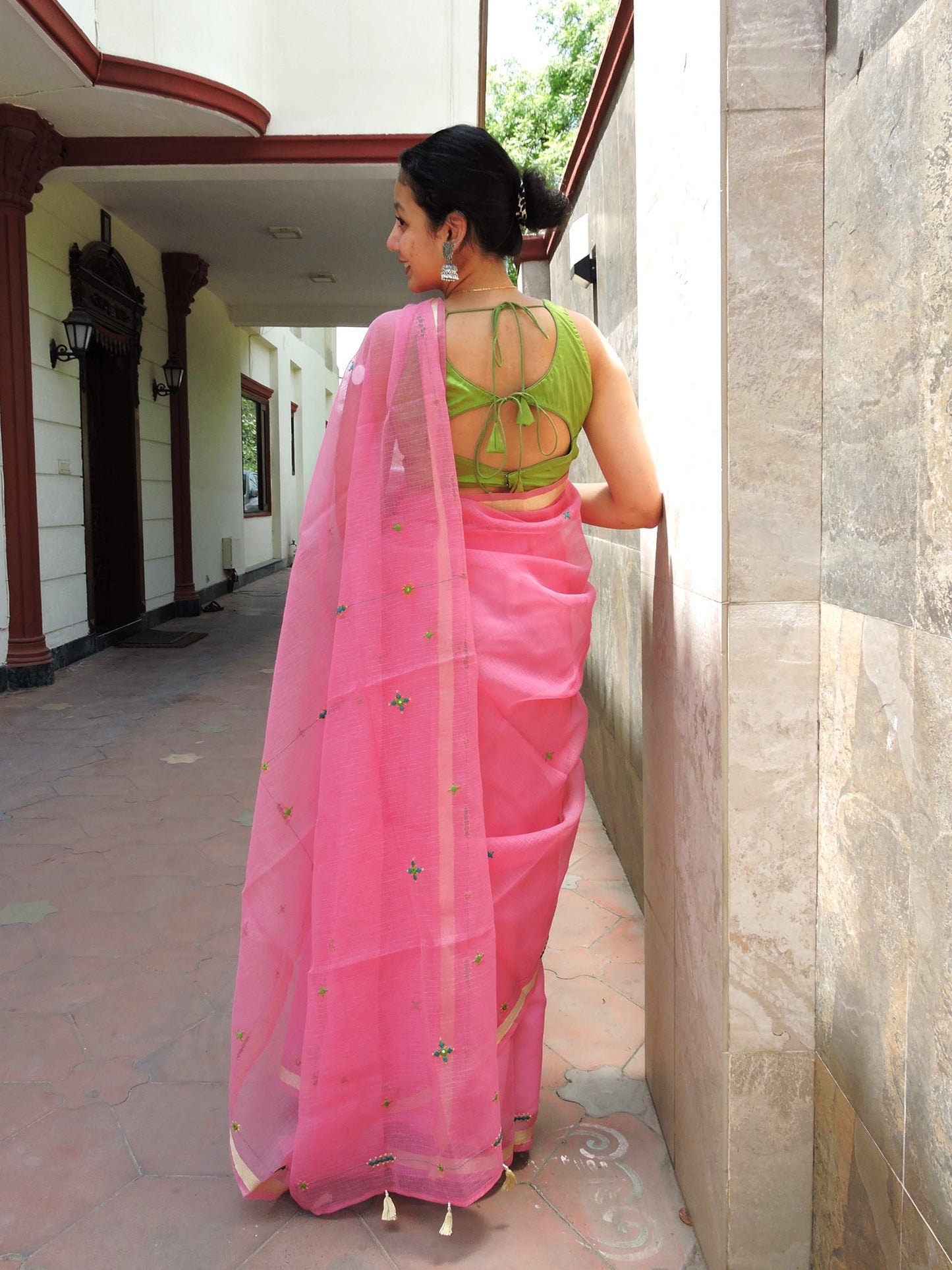 Pink Kota Cotton Hand Embroidered Saree