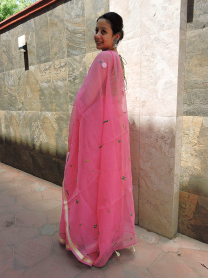 Pink Kota Cotton Hand Embroidered Saree