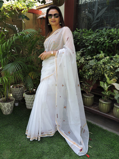 White Kota Cotton Hand Embroidered Saree