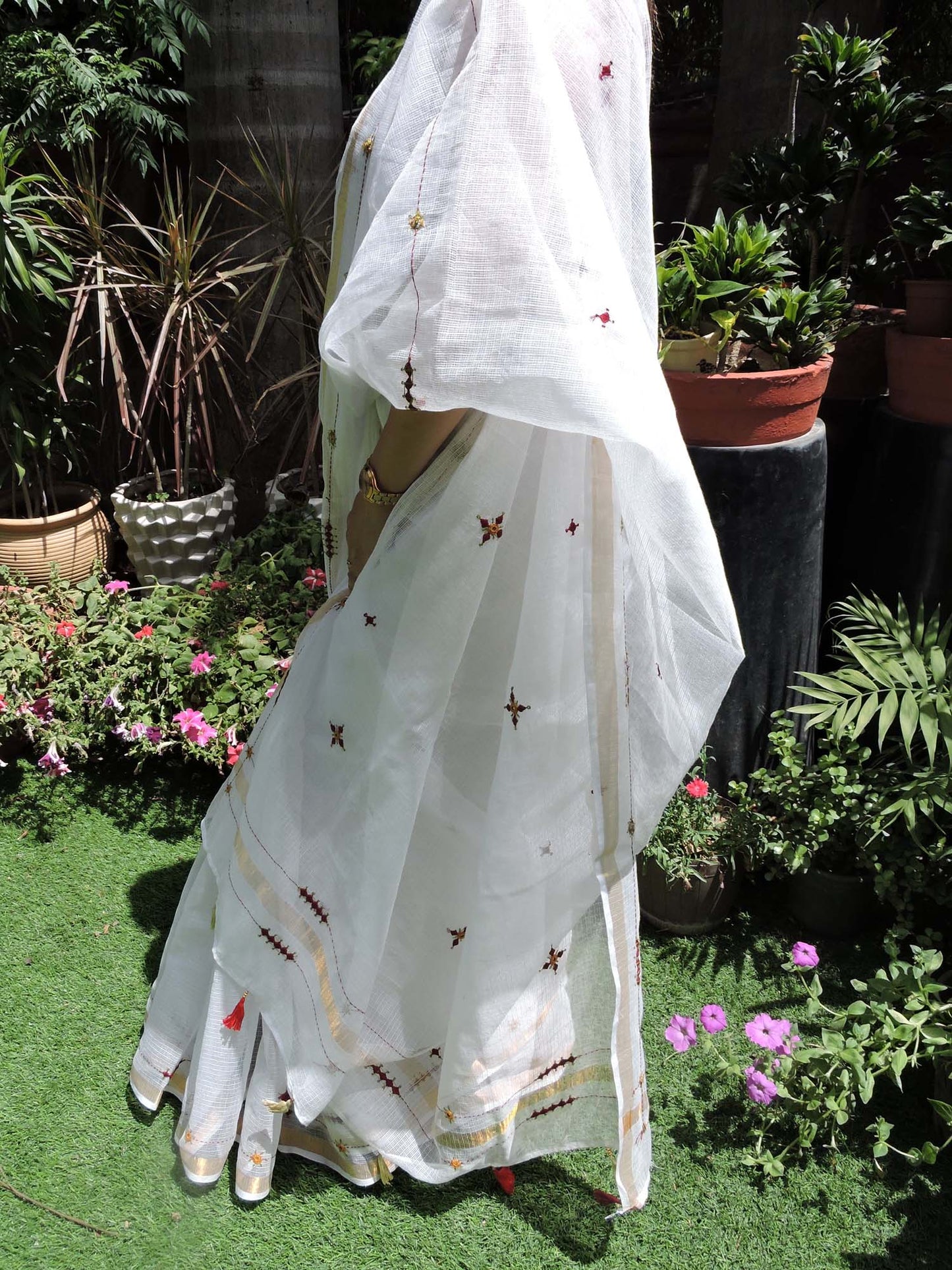 White Kota Cotton Hand Embroidered Saree