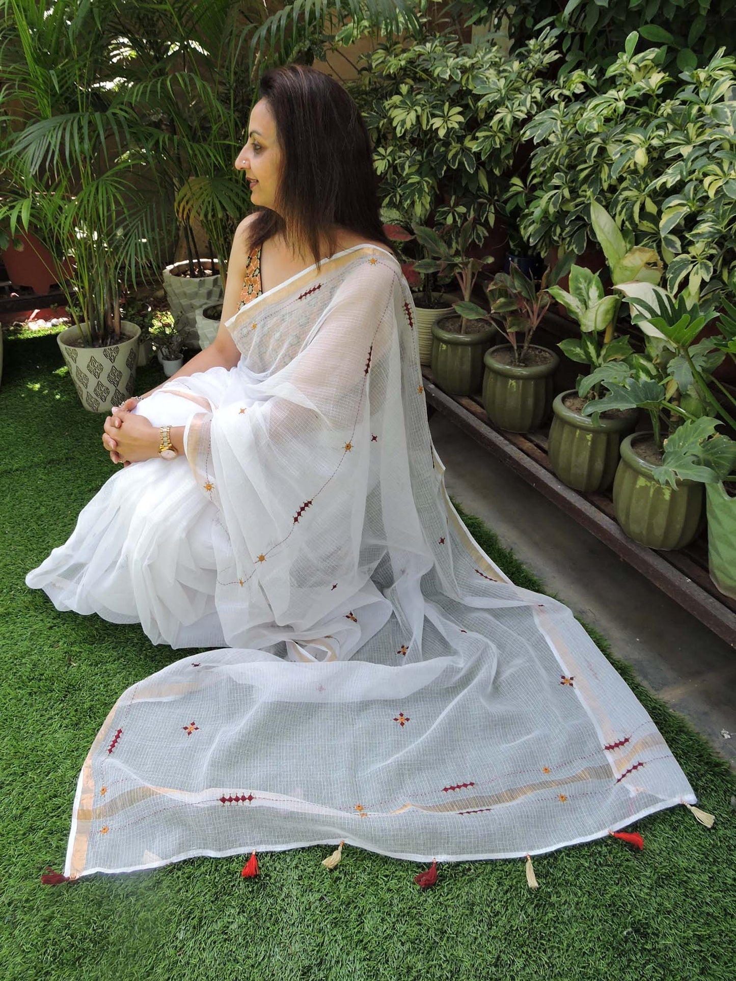 White Kota Cotton Hand Embroidered Saree