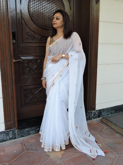 White Kota Cotton Hand Embroidered Saree