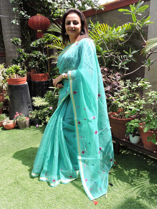 Aqua Kota Cotton Hand Embroidered Saree