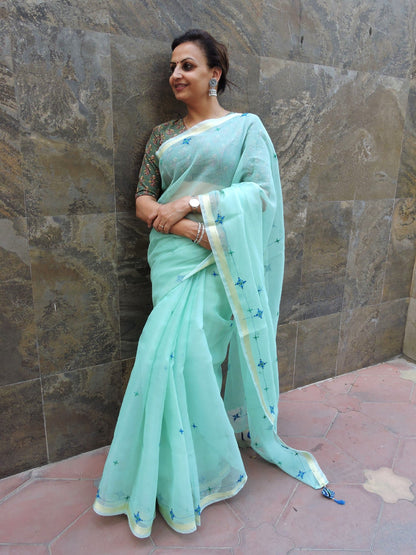 Aqua Kota Cotton Hand Embroidered Saree