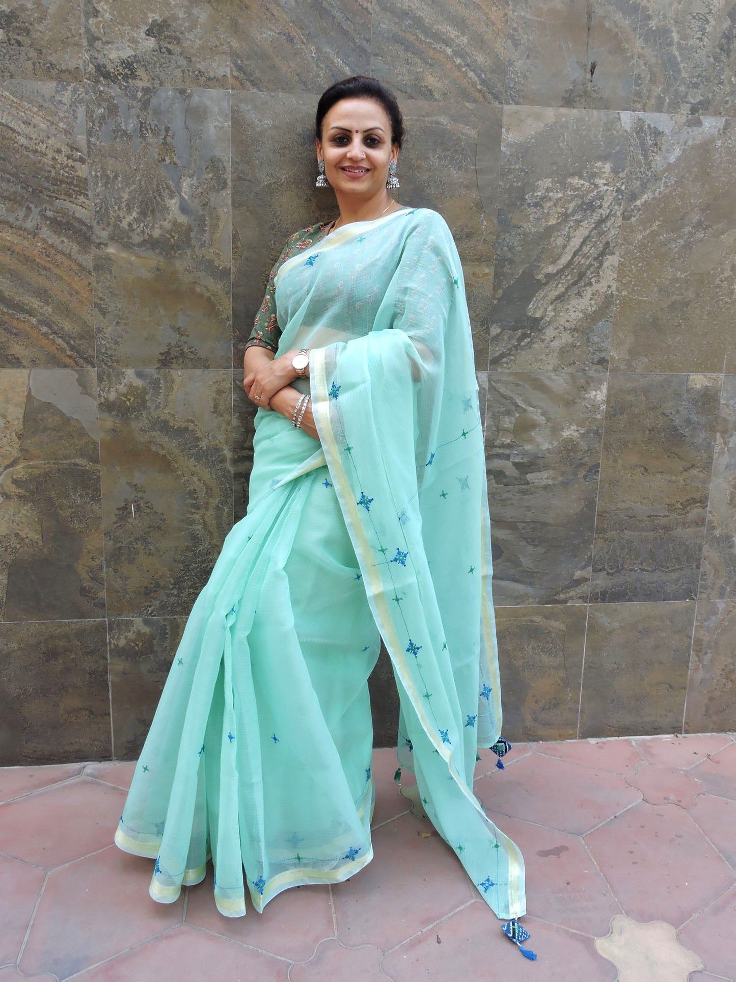 Aqua Kota Cotton Hand Embroidered Saree