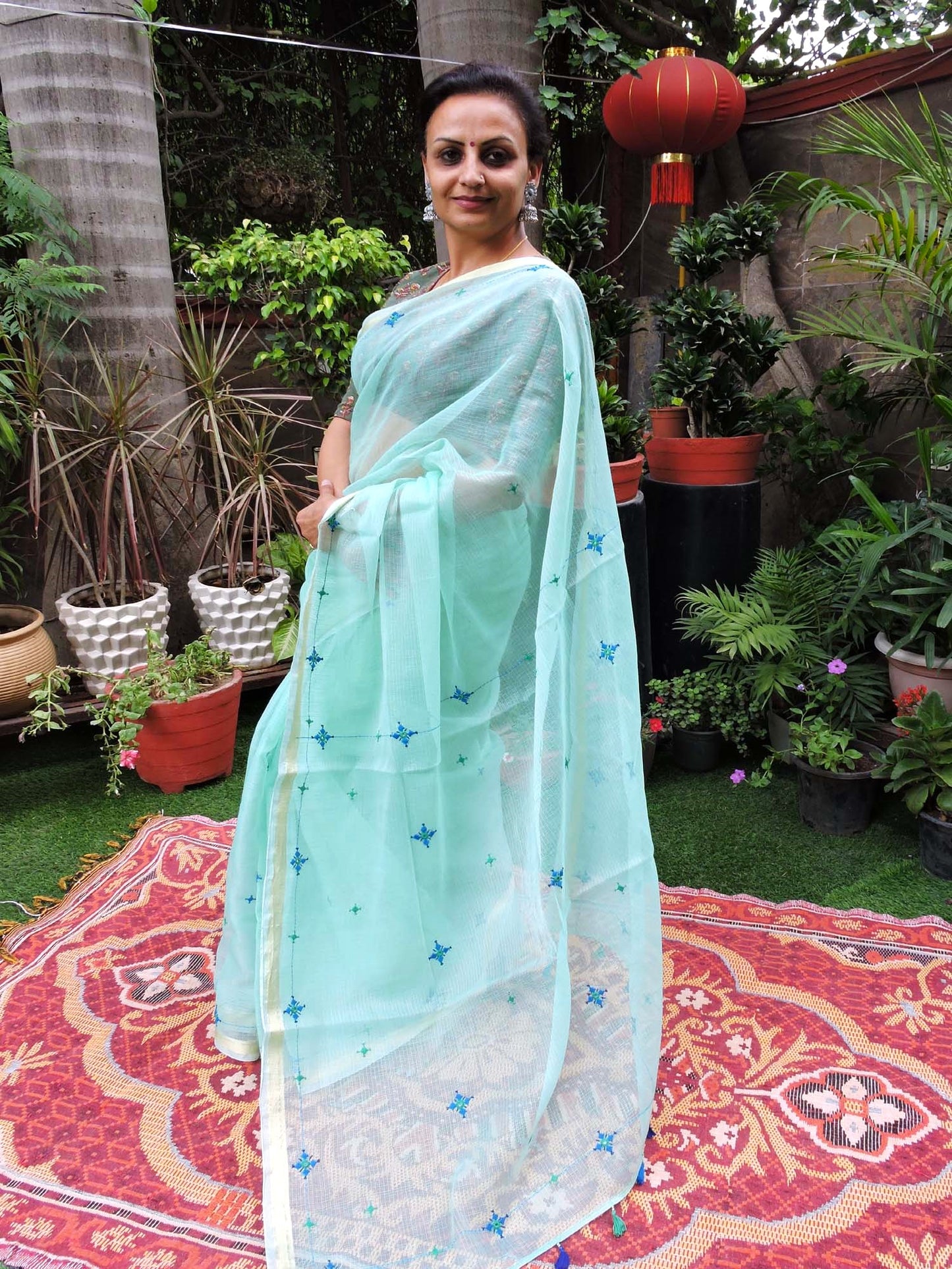 Aqua Kota Cotton Hand Embroidered Saree