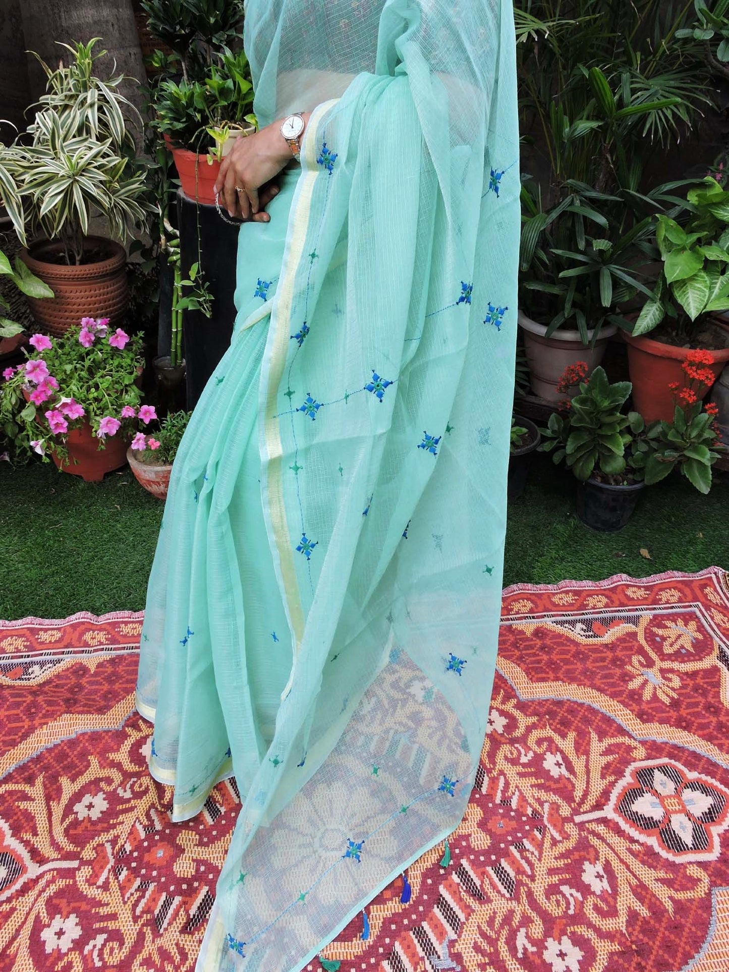 Aqua Kota Cotton Hand Embroidered Saree