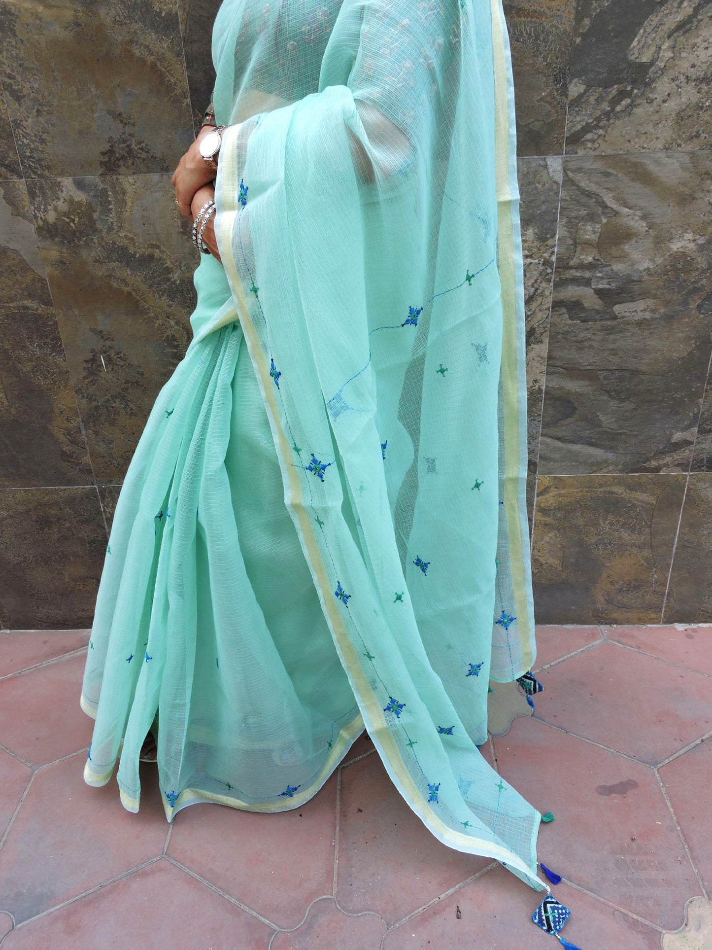 Aqua Kota Cotton Hand Embroidered Saree