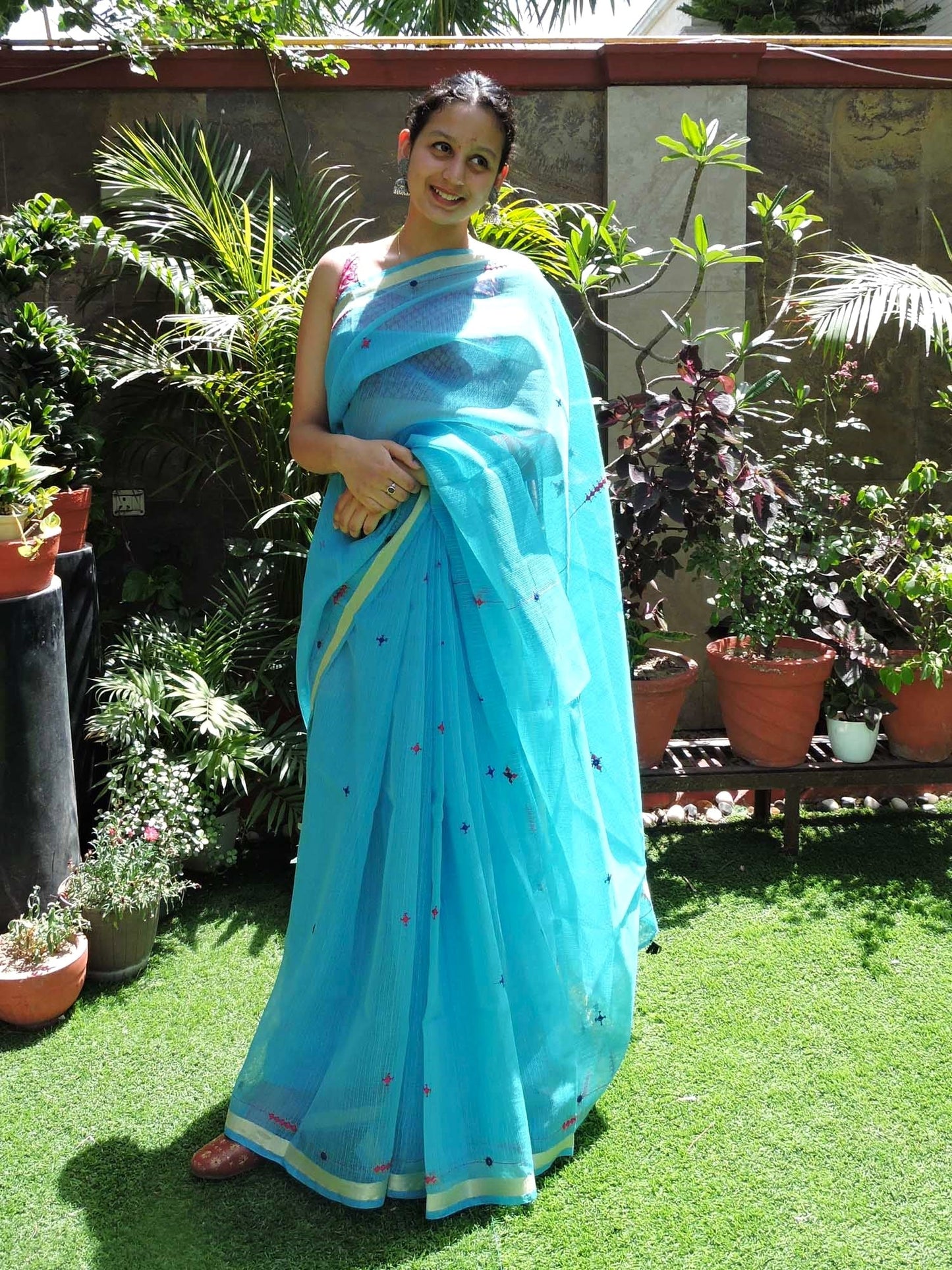 Blue Kota Cotton Hand Embroidered Saree