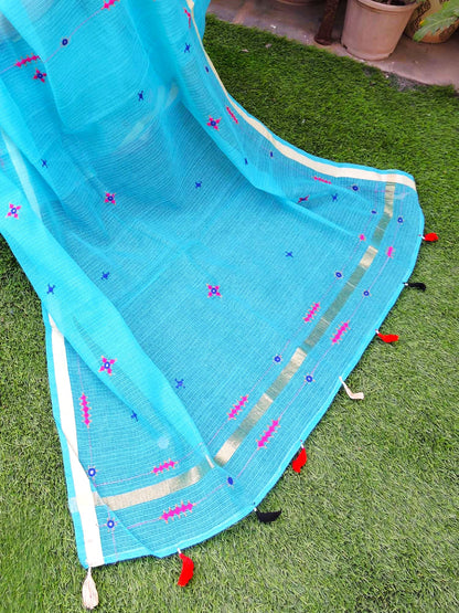 Blue Kota Cotton Hand Embroidered Saree