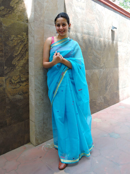 Blue Kota Cotton Hand Embroidered Saree