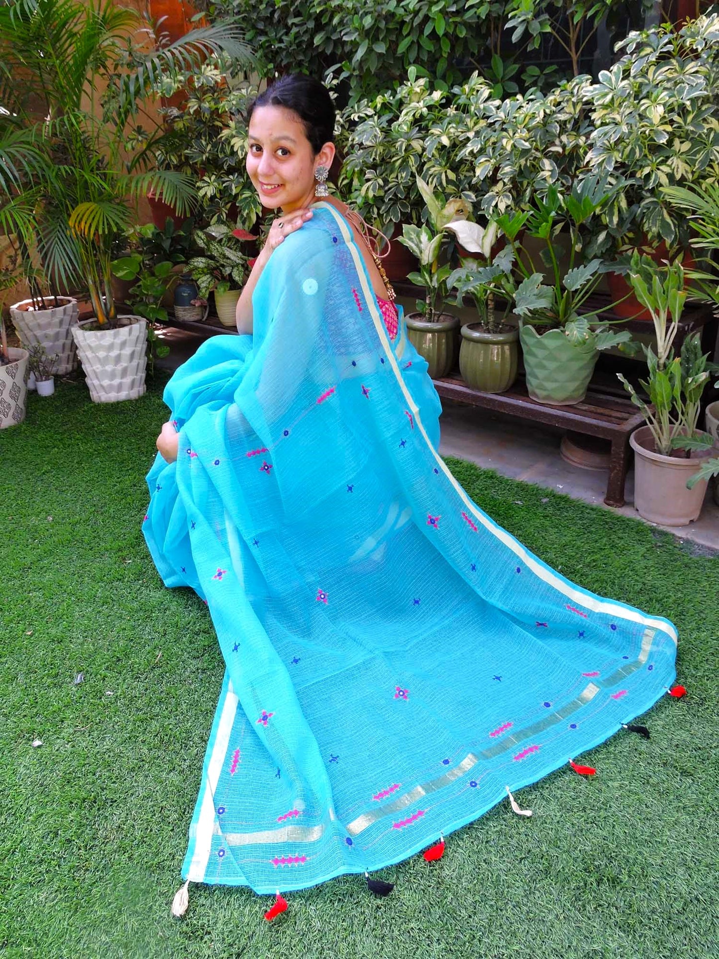 Blue Kota Cotton Hand Embroidered Saree