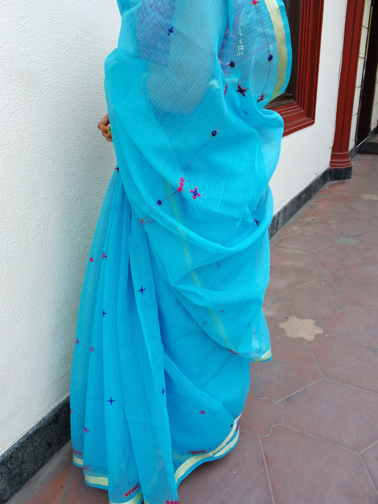 Blue Kota Cotton Hand Embroidered Saree