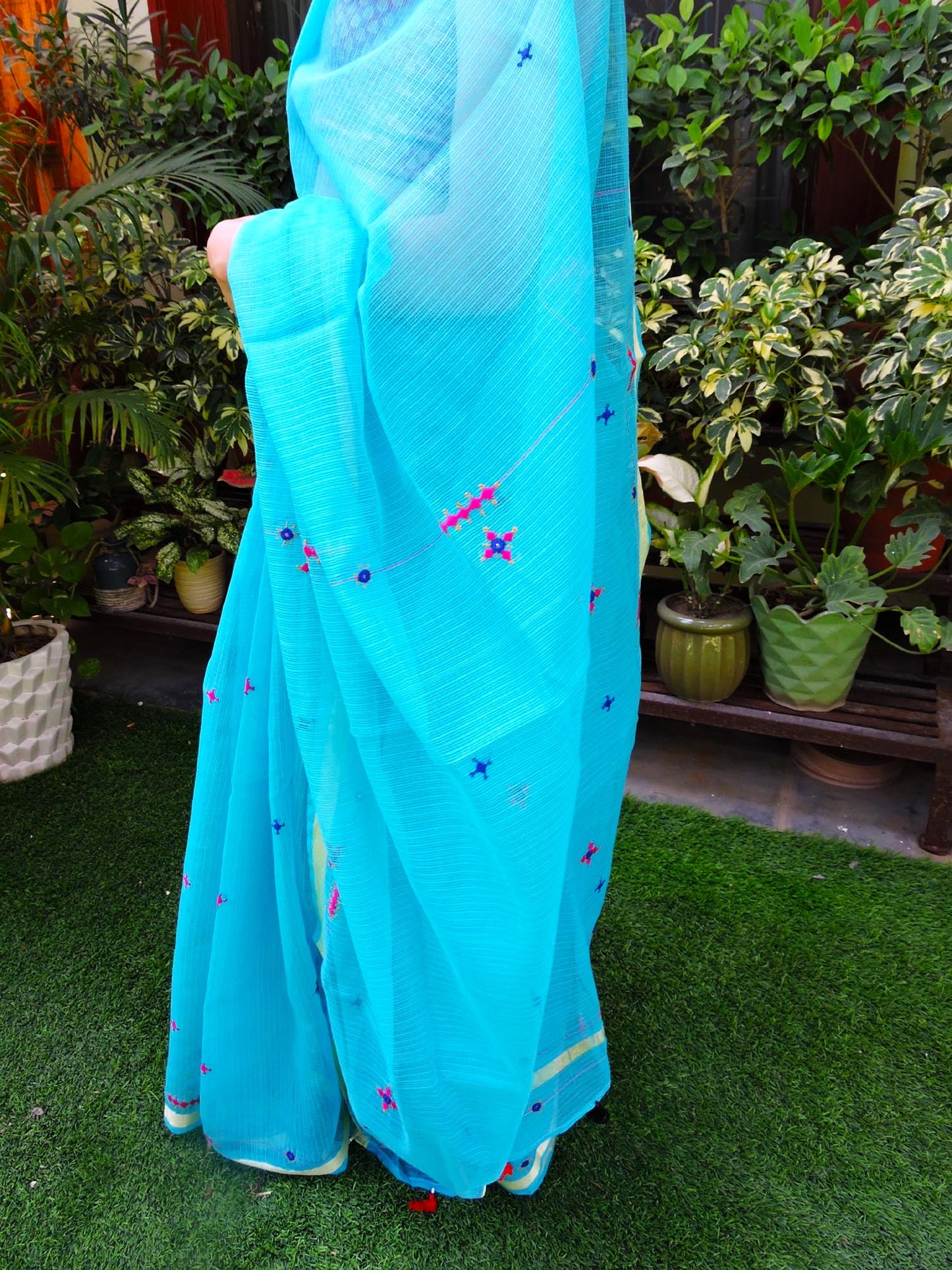 Blue Kota Cotton Hand Embroidered Saree