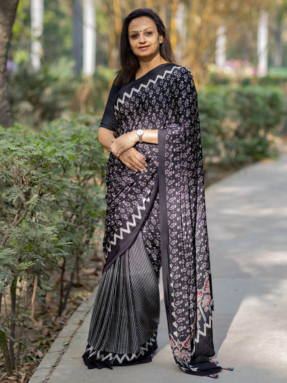 Black with Offwhite Half & Half Modal Silk Ajrakh Block Print Saree