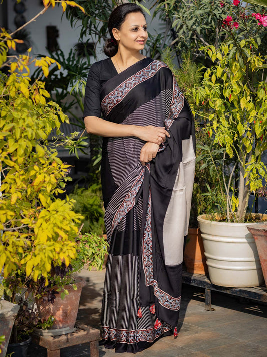 Black & Off-white Striped Modal Silk Ajrakh Block Print Saree